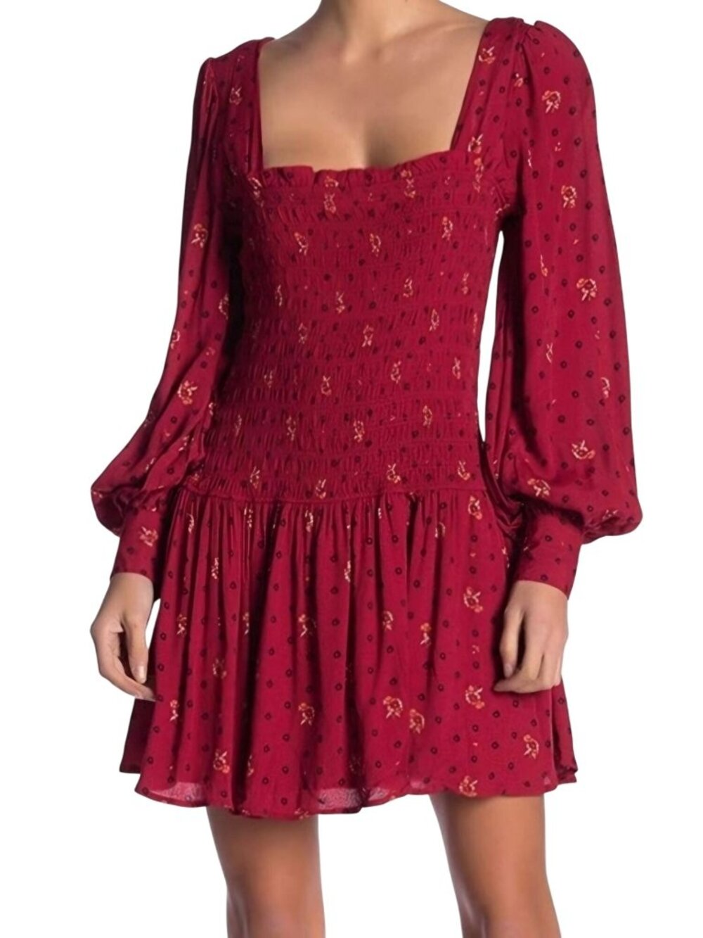 Free People NWT Two Faces Printed Mini Dress Ruby Combo Smocked Size S